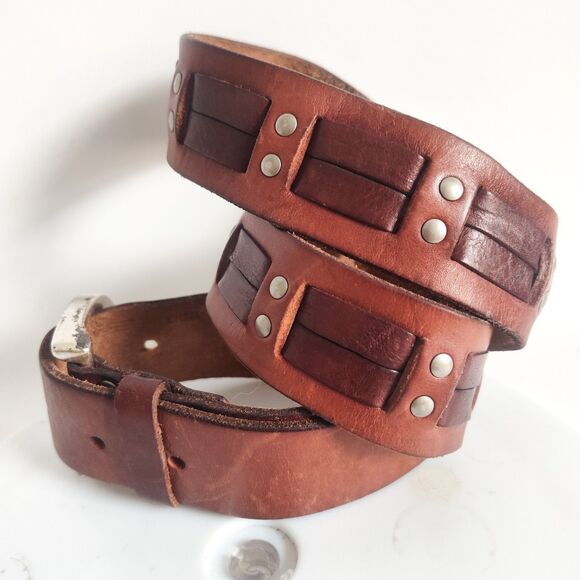 Fossil Belt Large Size 39" Waist Leather Western Brown Woven Studded Textured - Picture 4 of 10